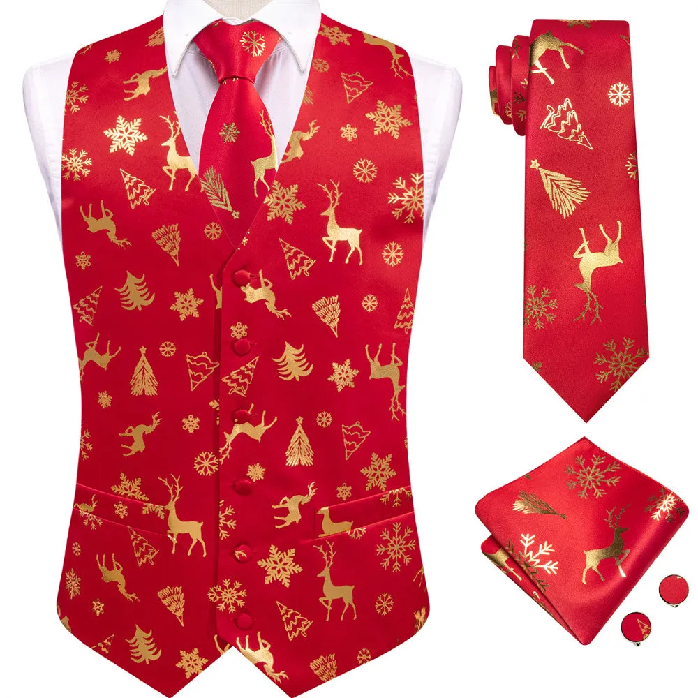 Ties2you Mens Silk Waistcoat Red Gold Christmas Elements Vest Necktie Set