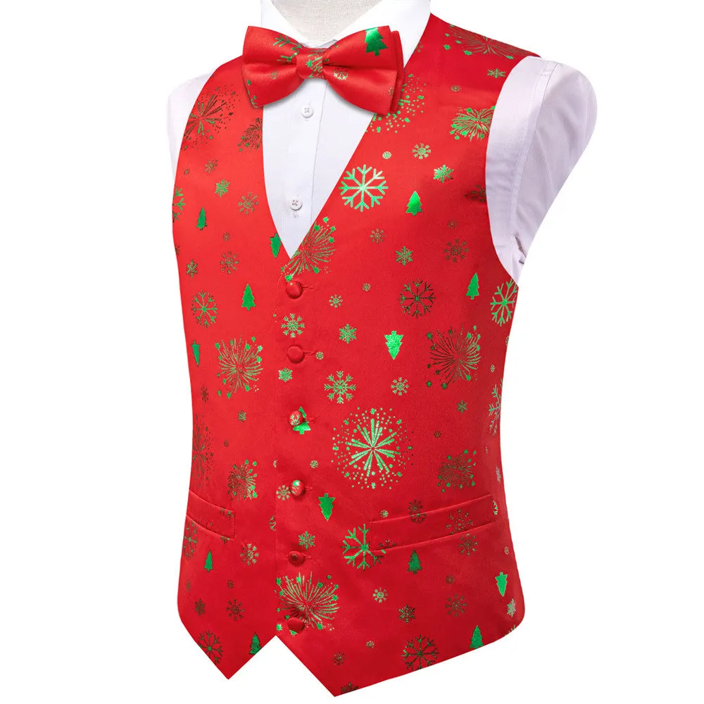 Ties2you Men's Vest Red Christmas Green Elements Silk Vest Necktie Bow Tie Handkerchief Cufflinks Set