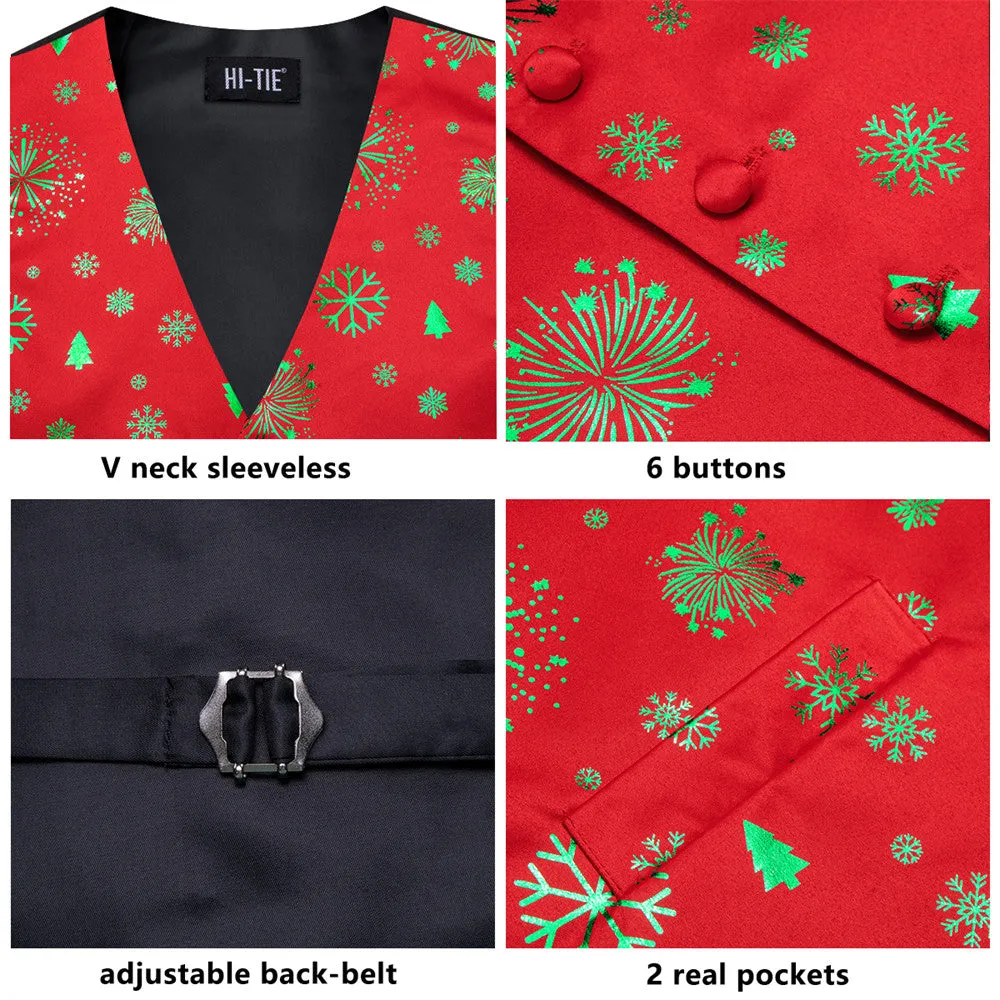 Ties2you Men's Vest Red Christmas Green Elements Silk Vest Necktie Bow Tie Handkerchief Cufflinks Set