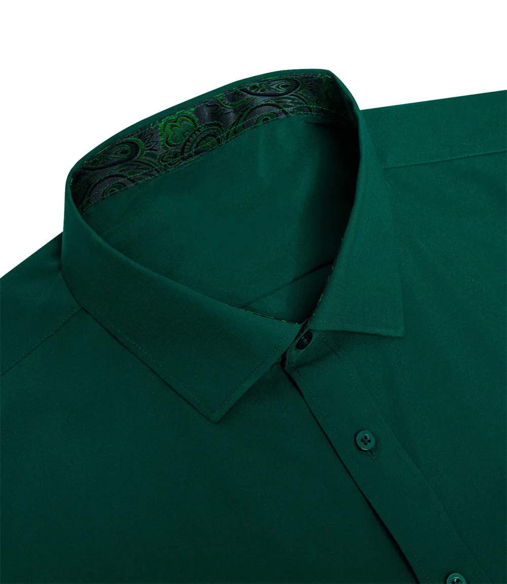 Ties2you Phthalo Green Long Sleeve Collar Shirt Solid Paisley Splicing Mens Dress Shirt