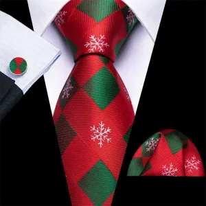 Ties2you Red Green Plaid Christmas Snowflake Men's Tie Pocket Square Cufflinks Set