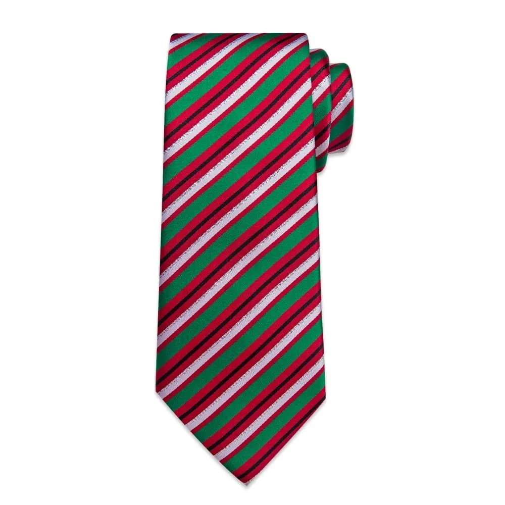 Ties2you Red Green White Striped Christmas Necktie Pocket Square Cufflinks Set