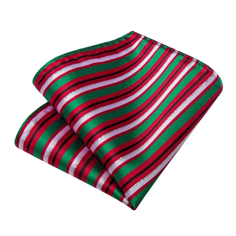 Ties2you Red Green White Striped Christmas Necktie Pocket Square Cufflinks Set