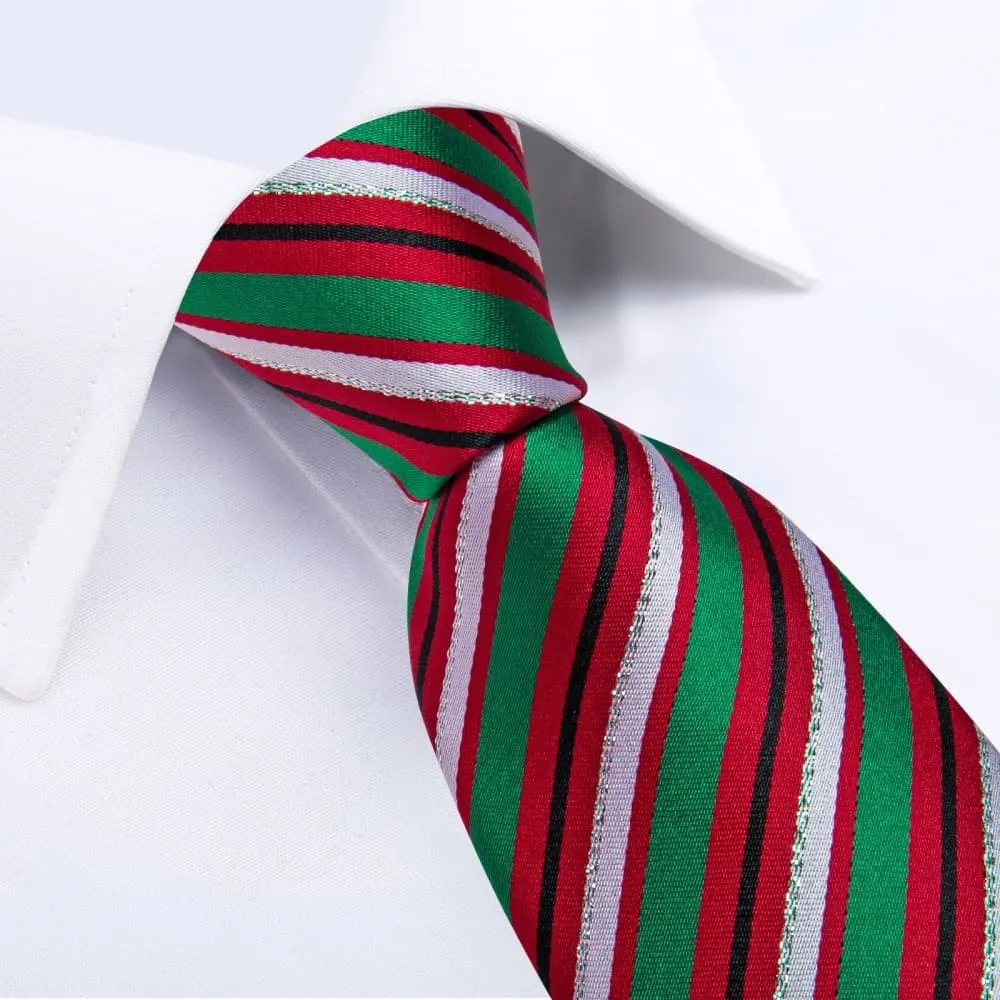 Ties2you Red Green White Striped Christmas Necktie Pocket Square Cufflinks Set