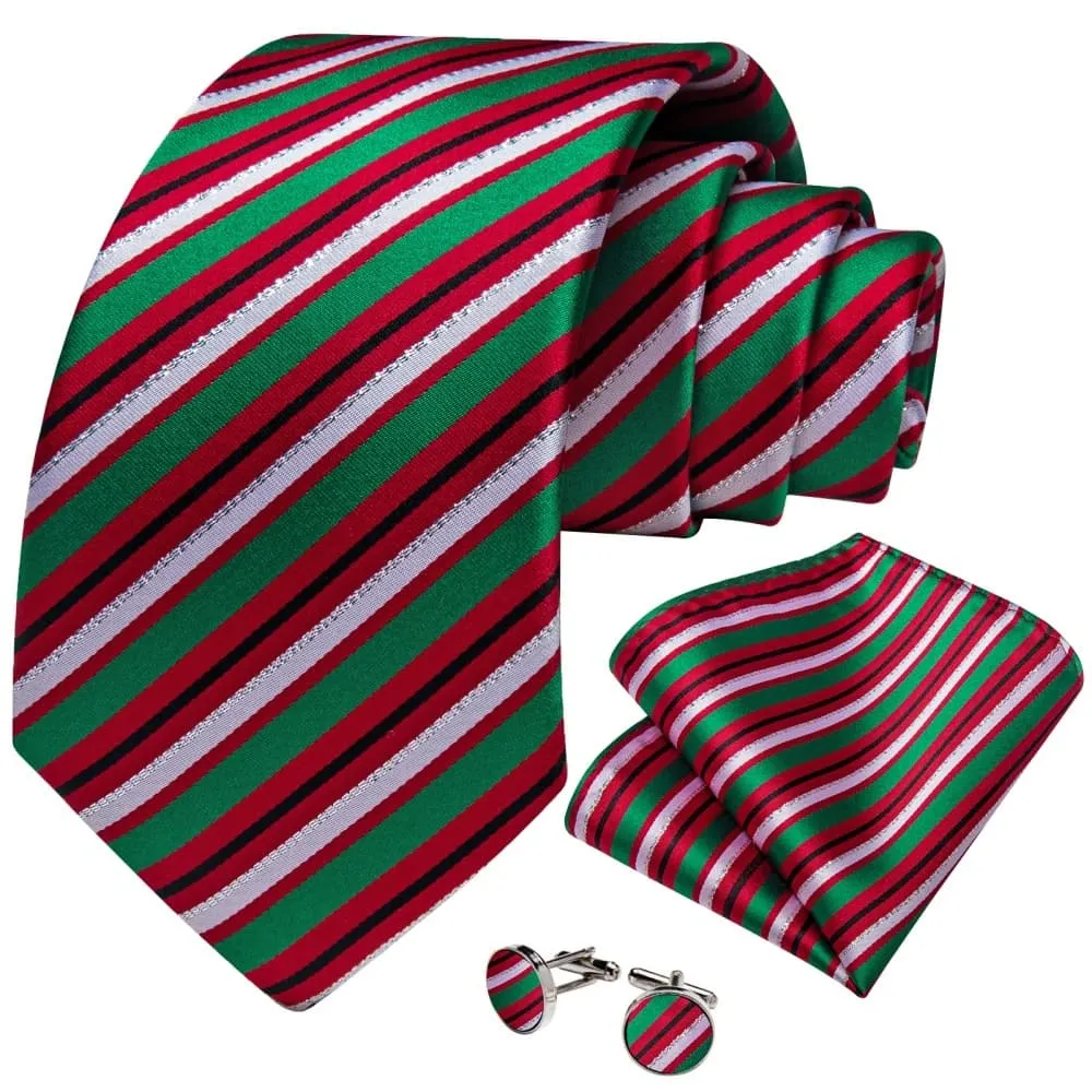 Ties2you Red Green White Striped Christmas Necktie Pocket Square Cufflinks Set