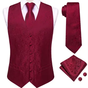 Ties2you Wine Floral Pattern V-Neck Silk Vest Necktie Set