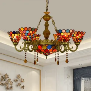 Tiffany Stained Glass Chandelier Light - 7-Light Cone Hanging Fixture with Colorful Circle Pattern for Living Room