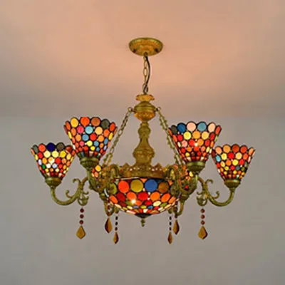 Tiffany Stained Glass Chandelier Light - 7-Light Cone Hanging Fixture with Colorful Circle Pattern for Living Room