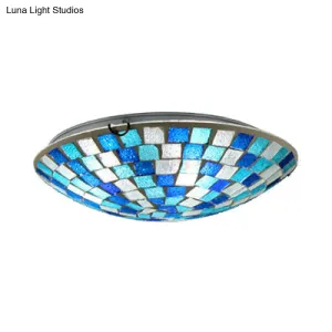 Tiffany Style Stained Glass Round Ceiling Light Fixture - 12"/16" Diameter - Flush Mount with Shell Decor - Blue & Sky Blue