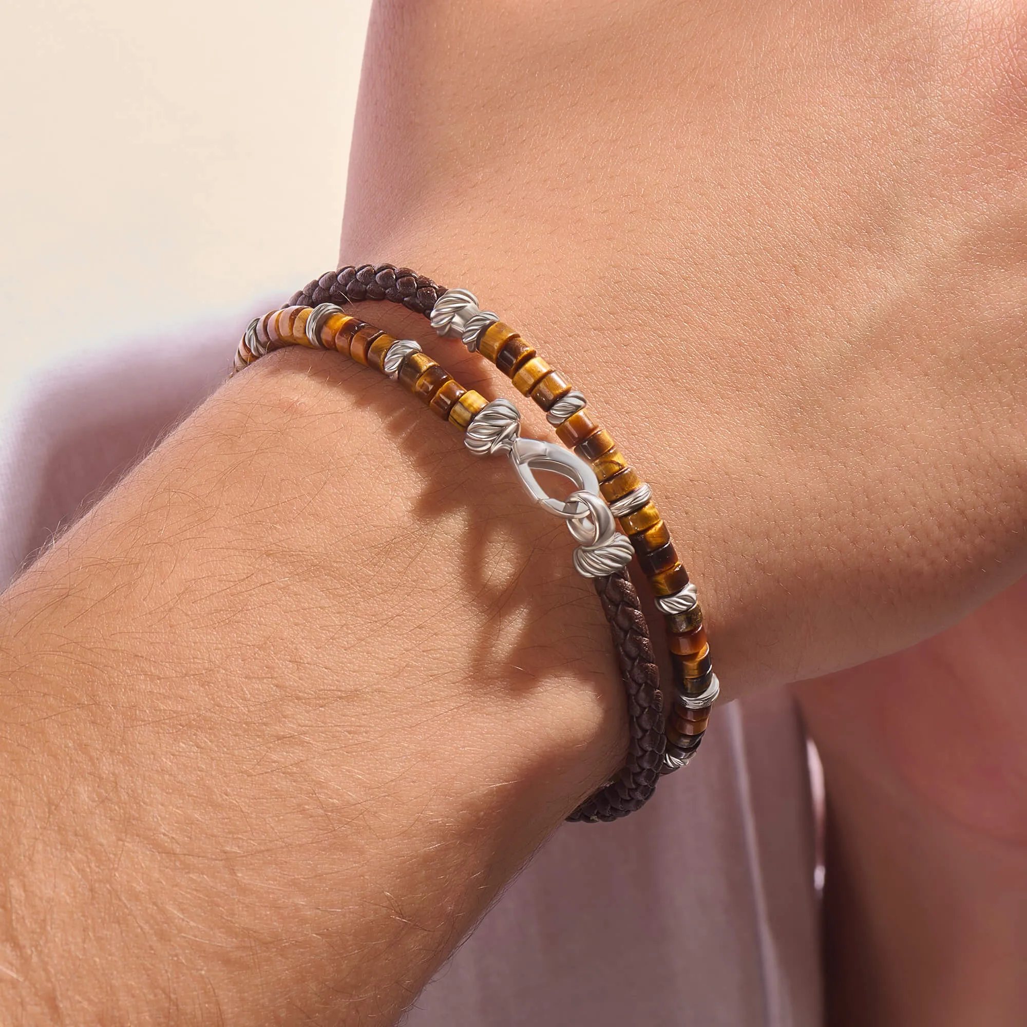 Tiger Eye Heishi Beads & Leather Wrap Bracelet in Silver