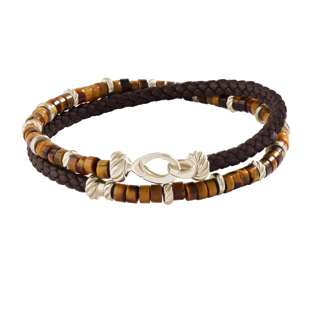 Tiger Eye Heishi Beads & Leather Wrap Bracelet in Silver