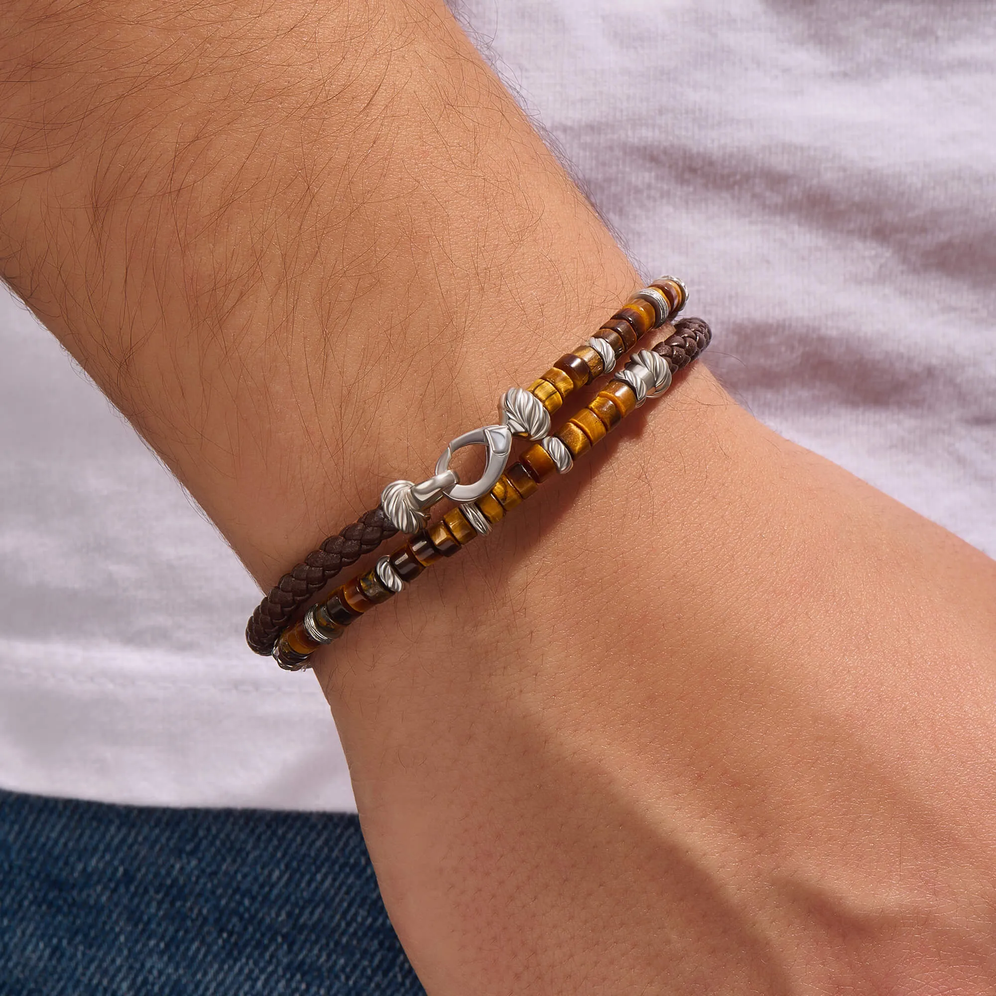 Tiger Eye Heishi Beads & Leather Wrap Bracelet in Silver