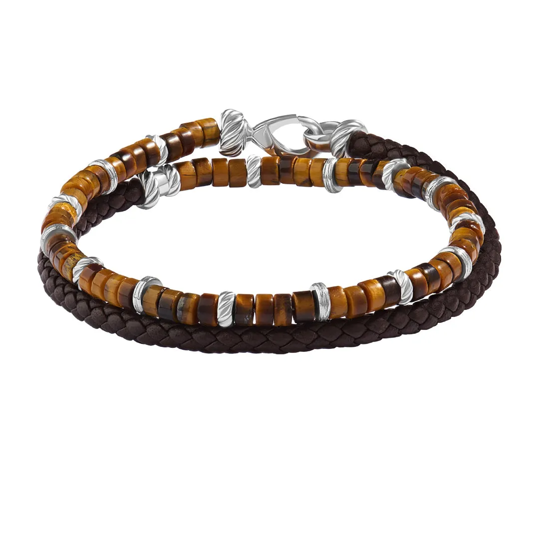 Tiger Eye Heishi Beads & Leather Wrap Bracelet in Silver