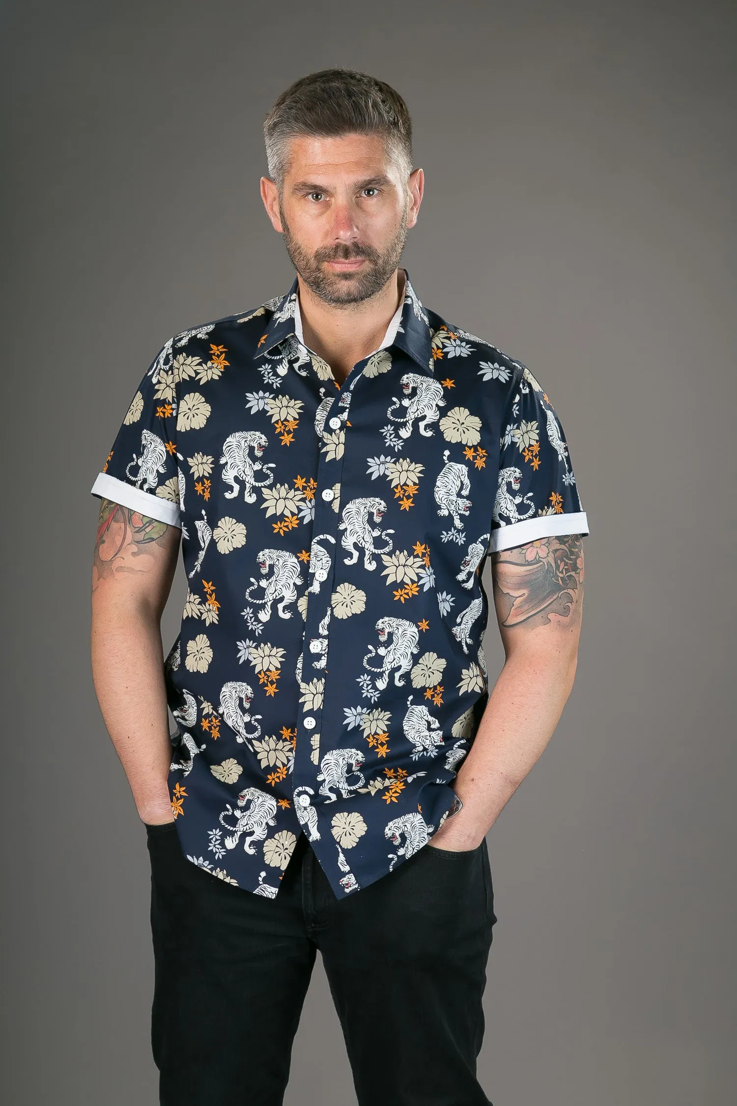 Tigers Floral Print Blue Cotton Slim-Fit Short-Sleeve Mens Shirt