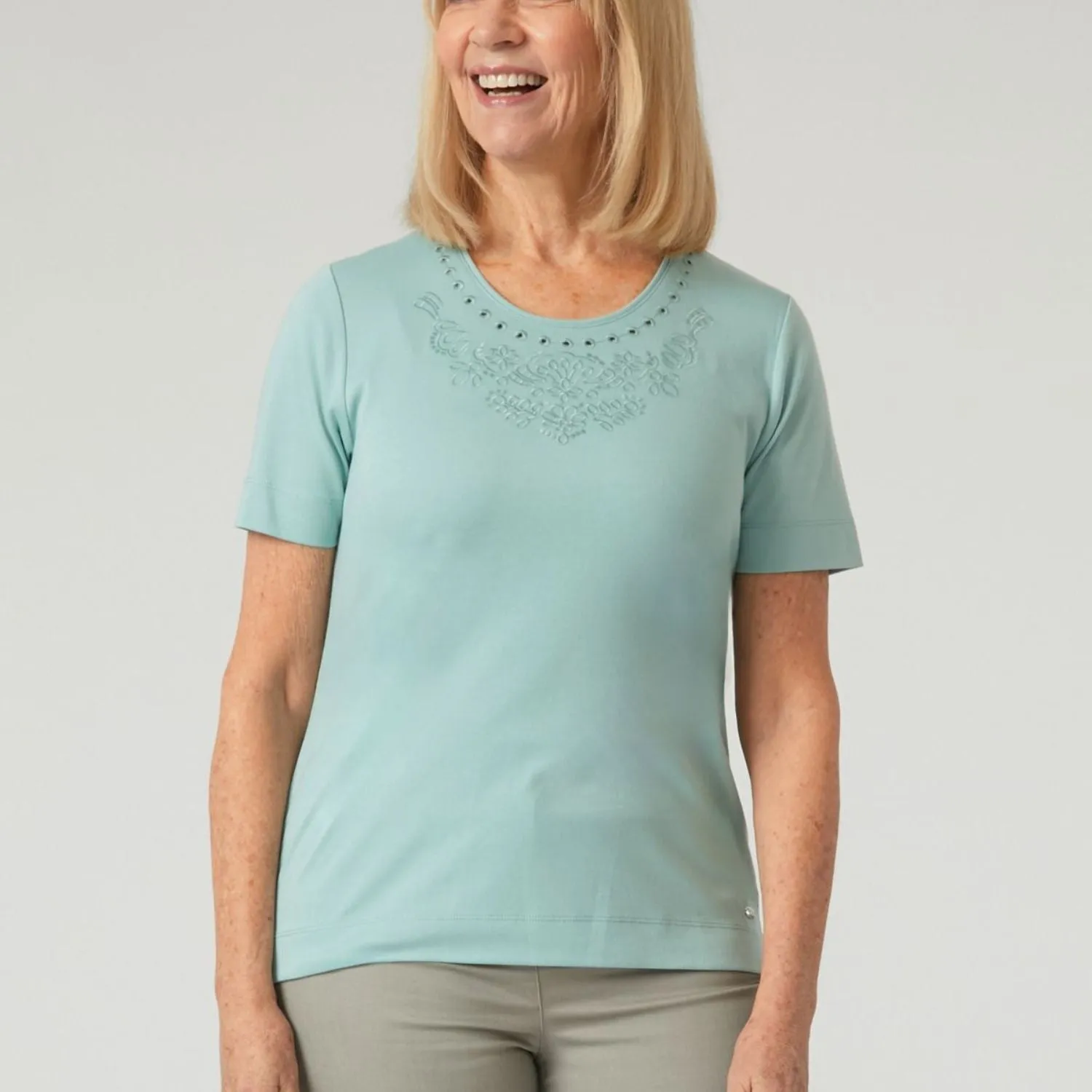 TIGI 10/12 Mint Embroidery Cutwork Neck Top