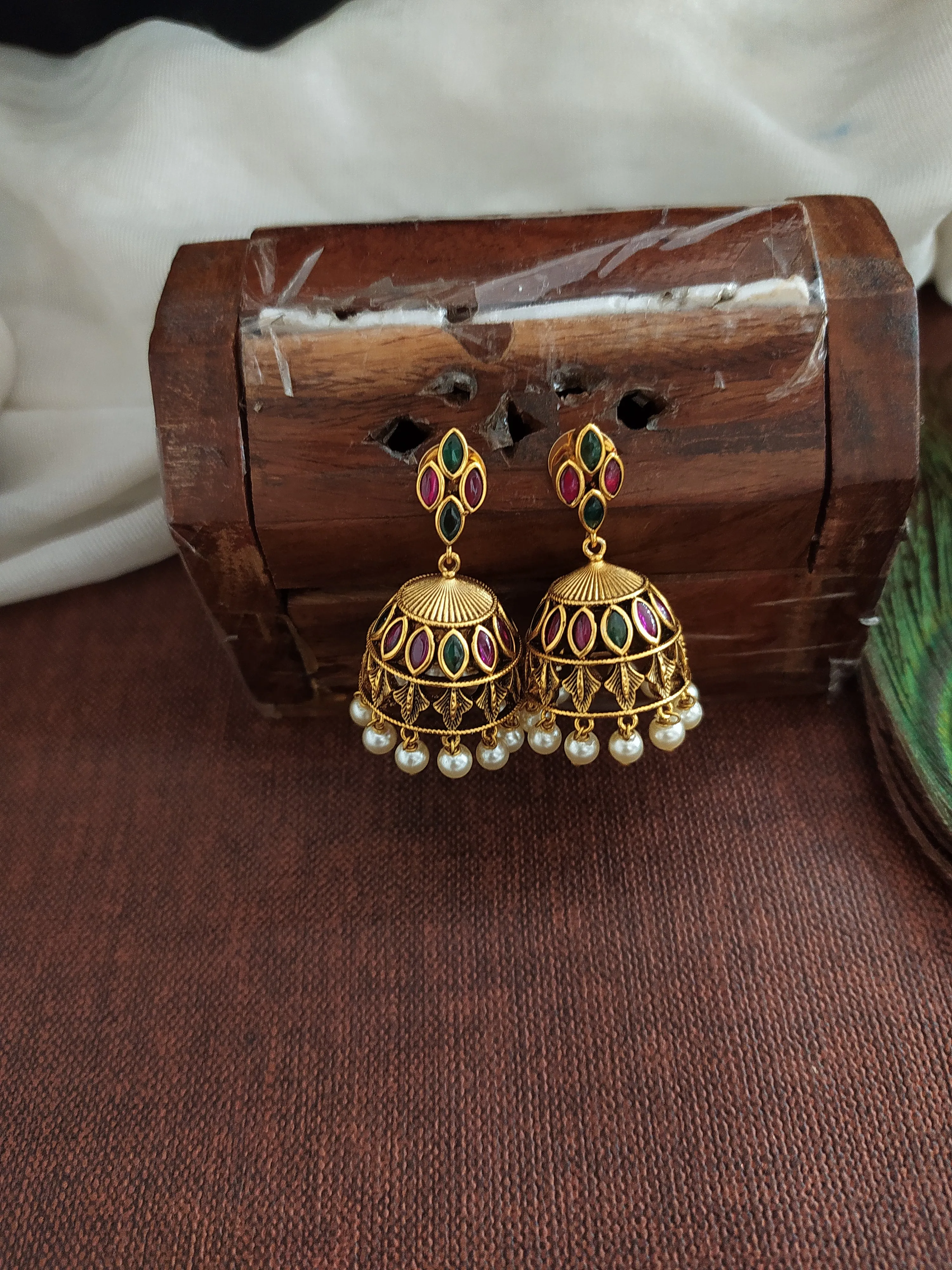 Timeless Antique Kemp Stone Long Haram with Matching Jhumki - Intricately Designed with Attached Pearls