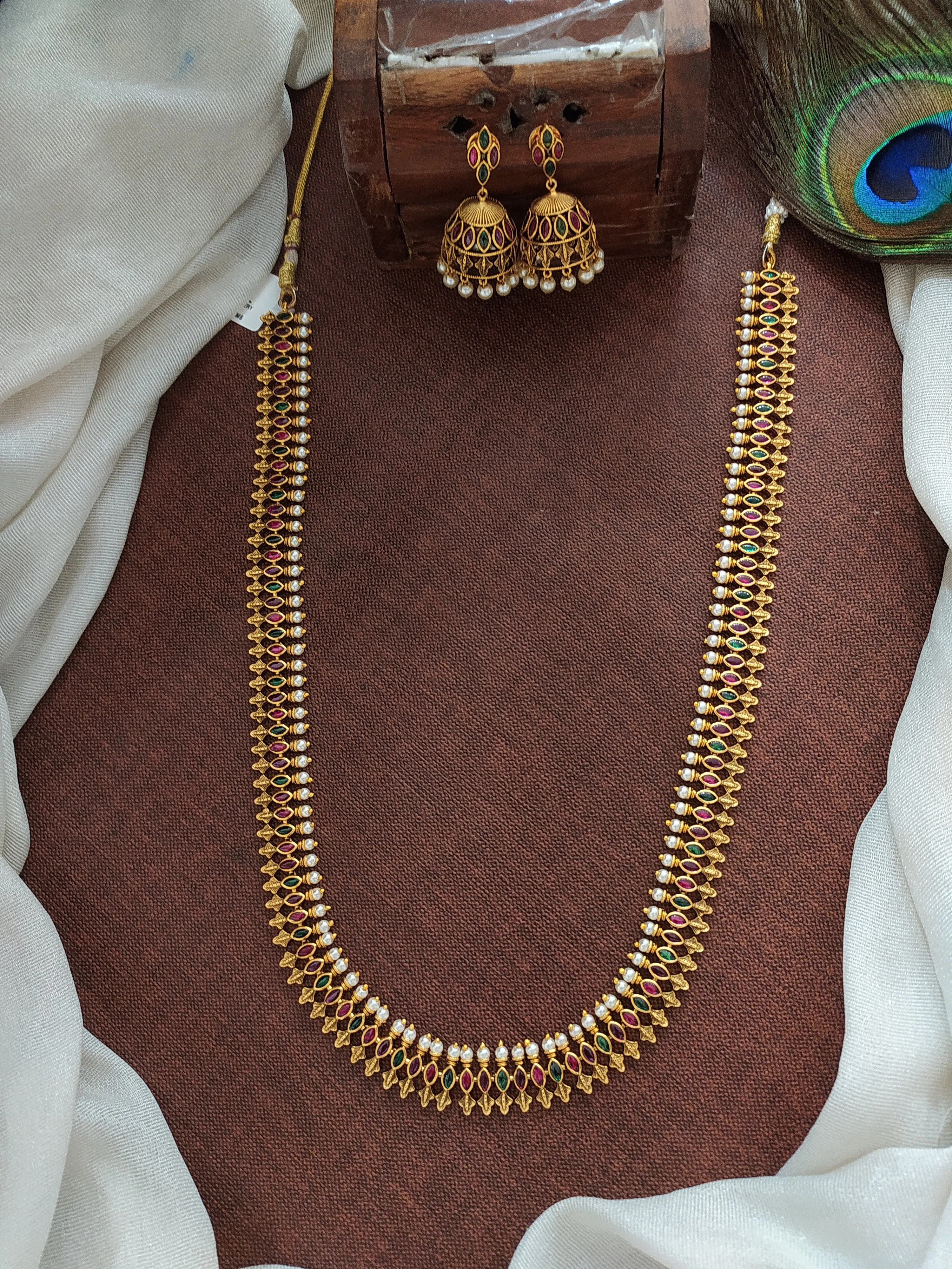 Timeless Antique Kemp Stone Long Haram with Matching Jhumki - Intricately Designed with Attached Pearls