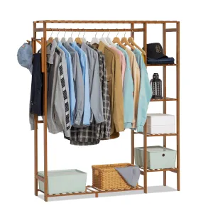 timeless Bamboo 6 Tiers Coat Pants Rack, Modern Closet Storage Wardrobe, Hat Hooks, Brown, for Bedroom