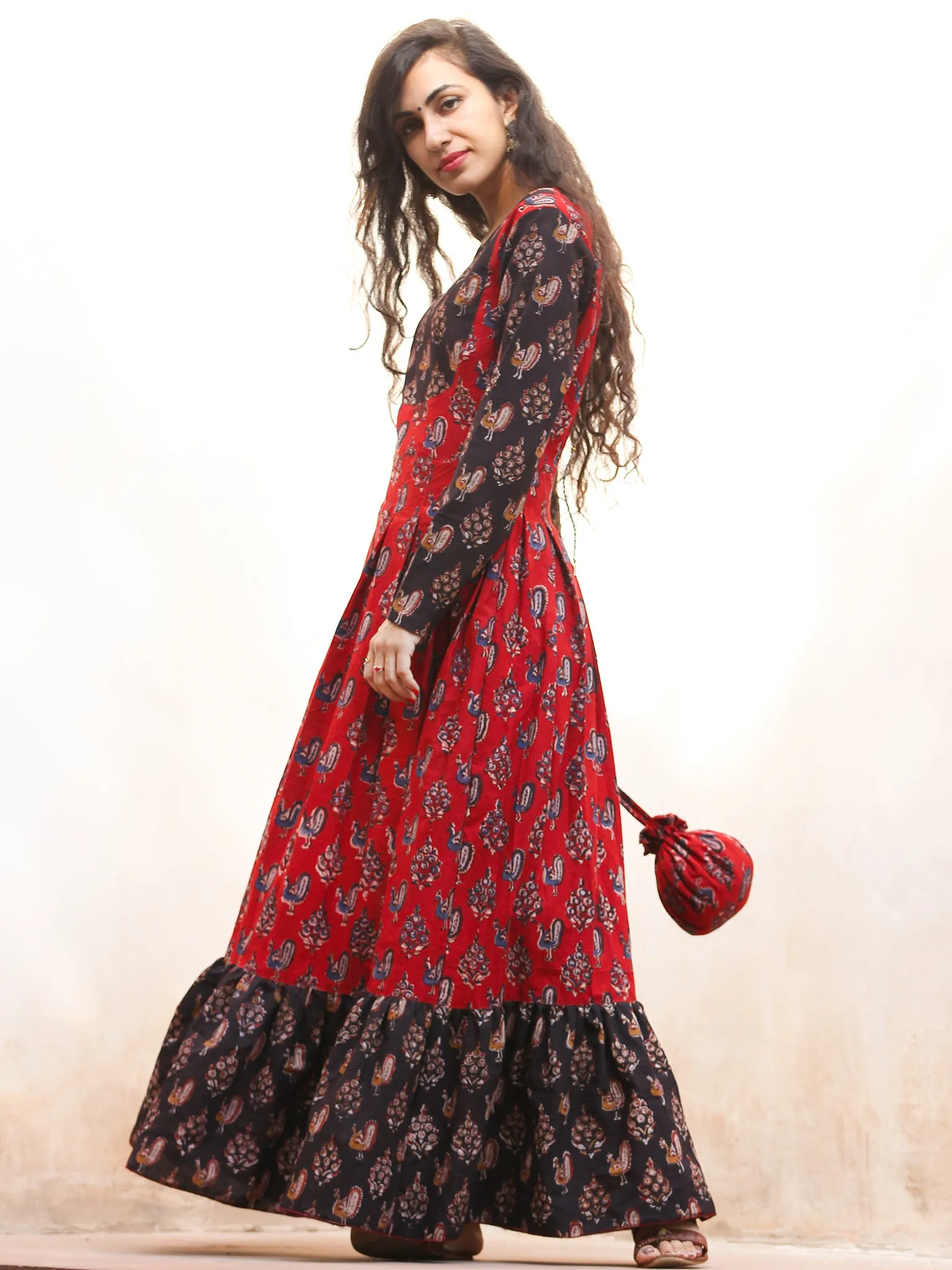 Timeless Charm - Hand Block Printed Long Dress With Potli - D376F1808