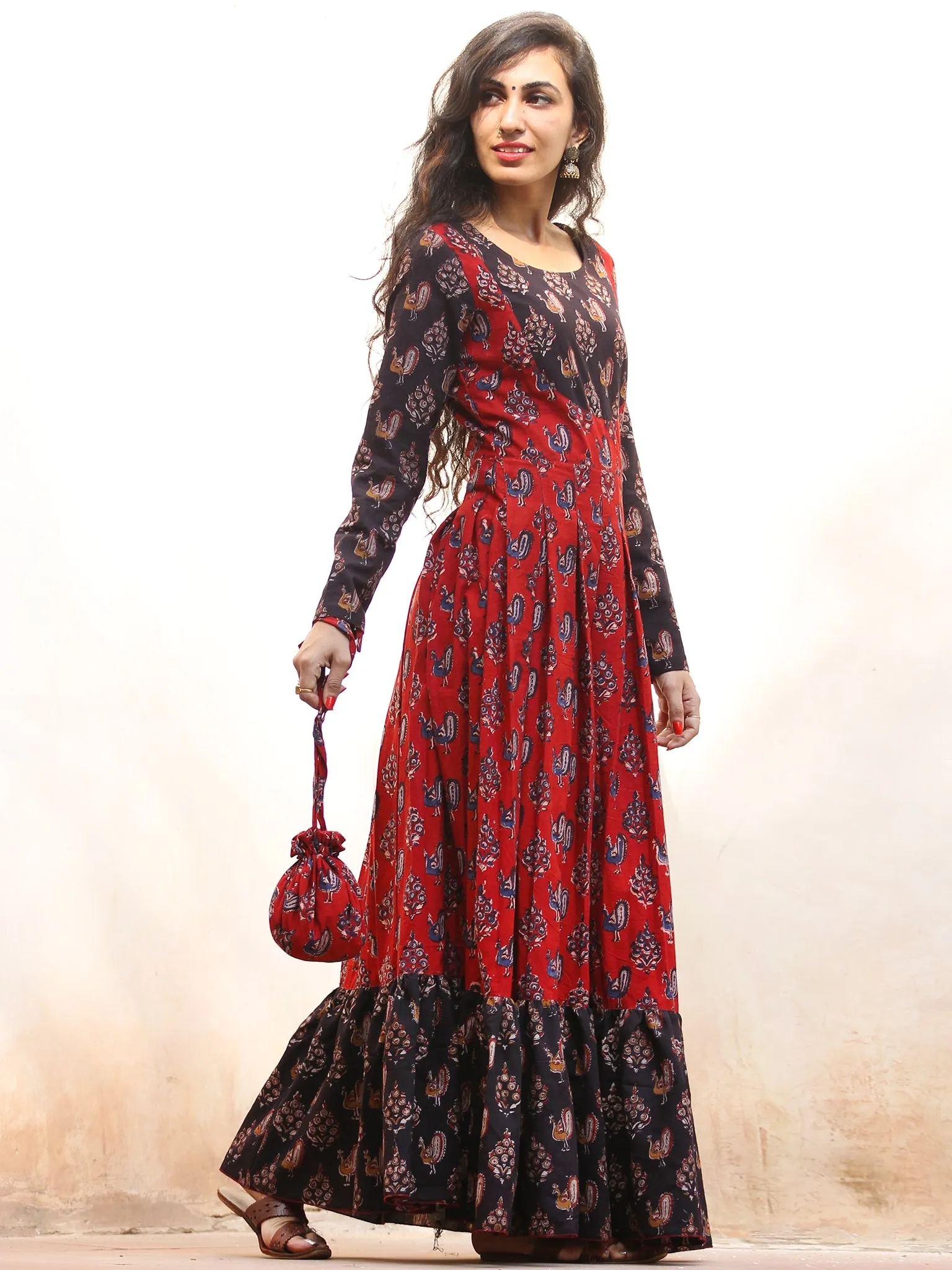 Timeless Charm - Hand Block Printed Long Dress With Potli - D376F1808