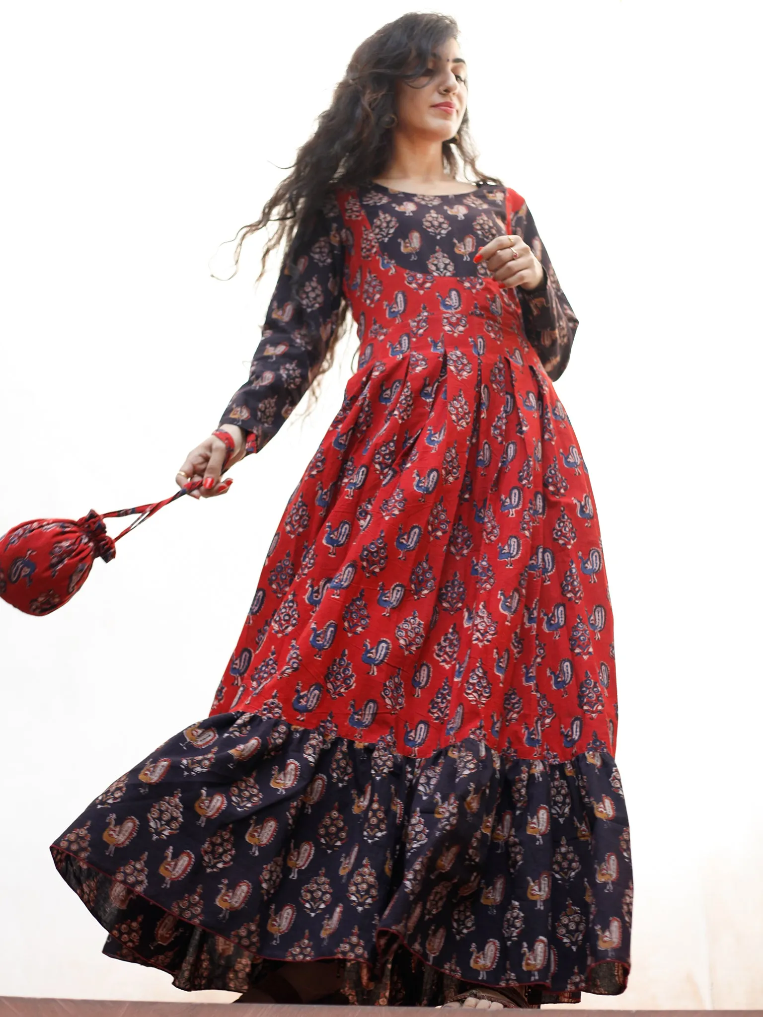 Timeless Charm - Hand Block Printed Long Dress With Potli - D376F1808