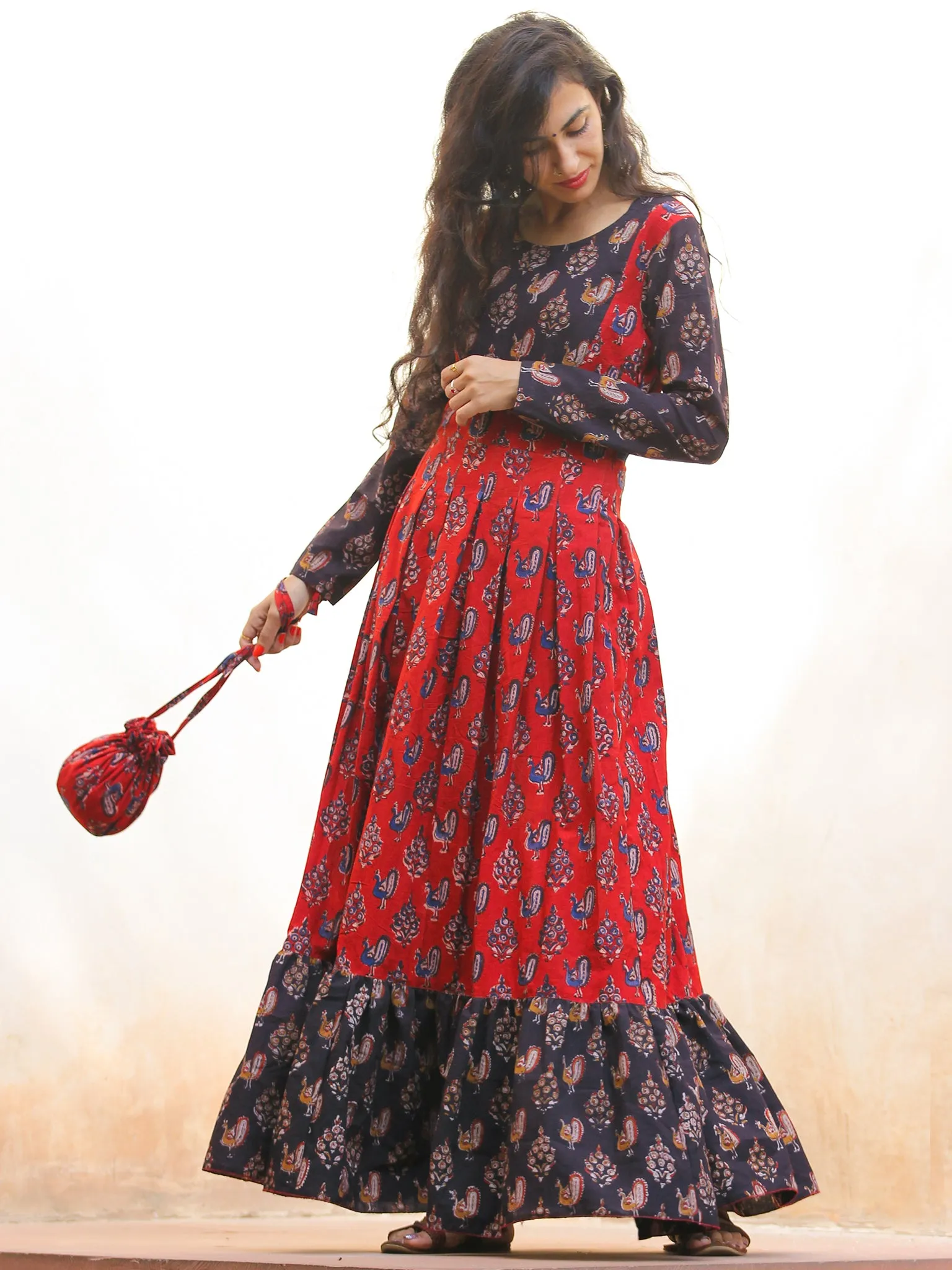 Timeless Charm - Hand Block Printed Long Dress With Potli - D376F1808