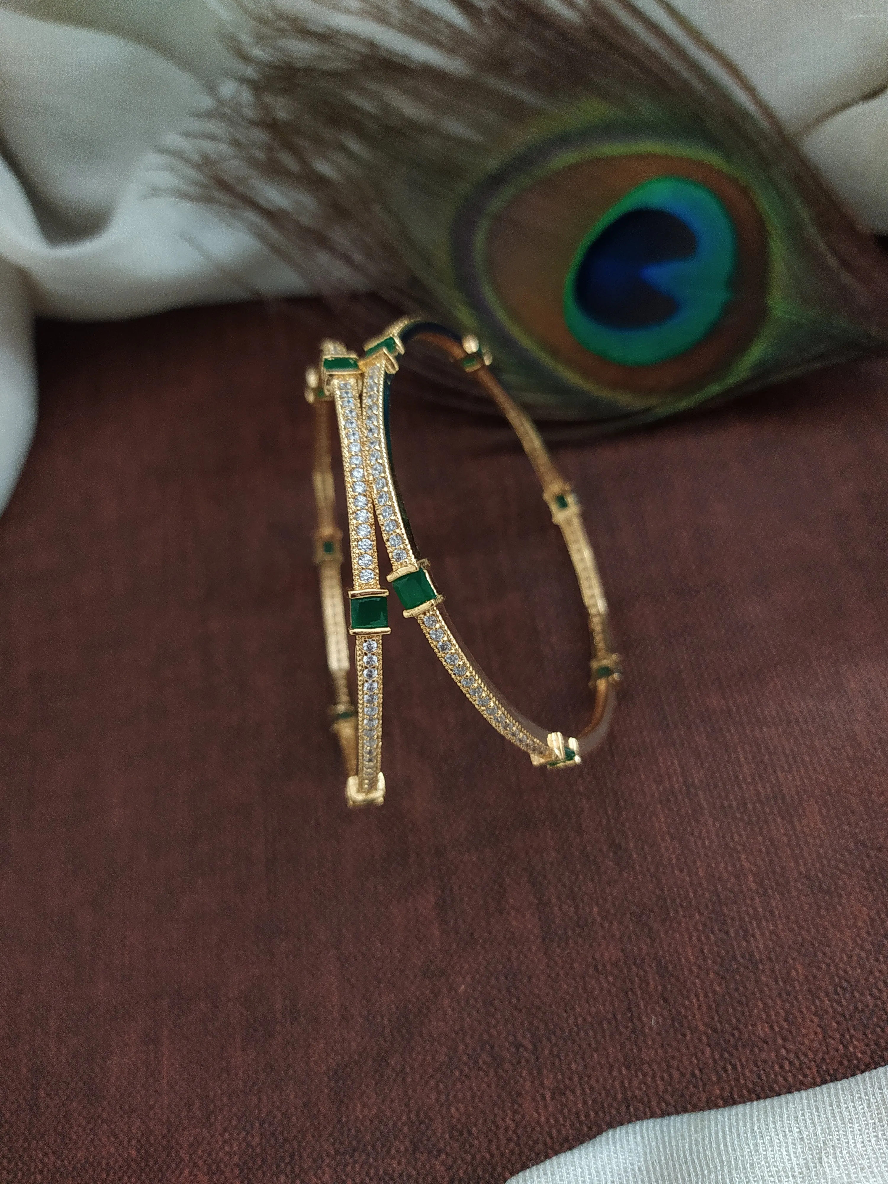 Timeless Grace: Simple Yet Elegant Gold-Plated Zircon Bangles (Ruby & Green)