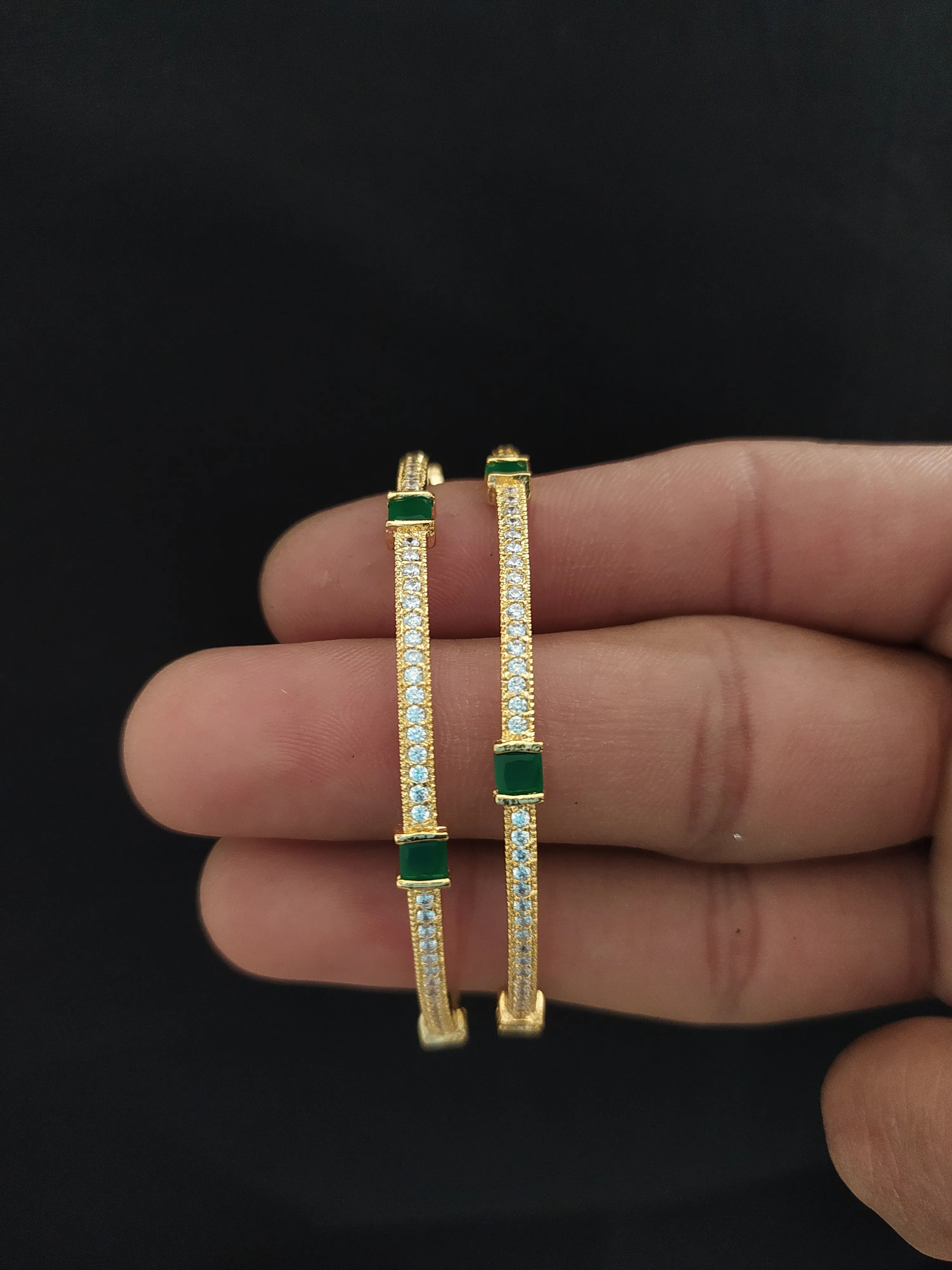 Timeless Grace: Simple Yet Elegant Gold-Plated Zircon Bangles (Ruby & Green)