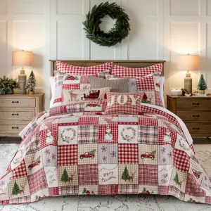 timeless Home For Christmas Quilt Set - Full/Queen Quilt and Two Standard Shams - Green, Red, Taupe and Cream - Quilt (88x92in.) and Shams (20x26in.) - Reversible - Cotton/Polyester Bedspread - Full Bedspread - Full