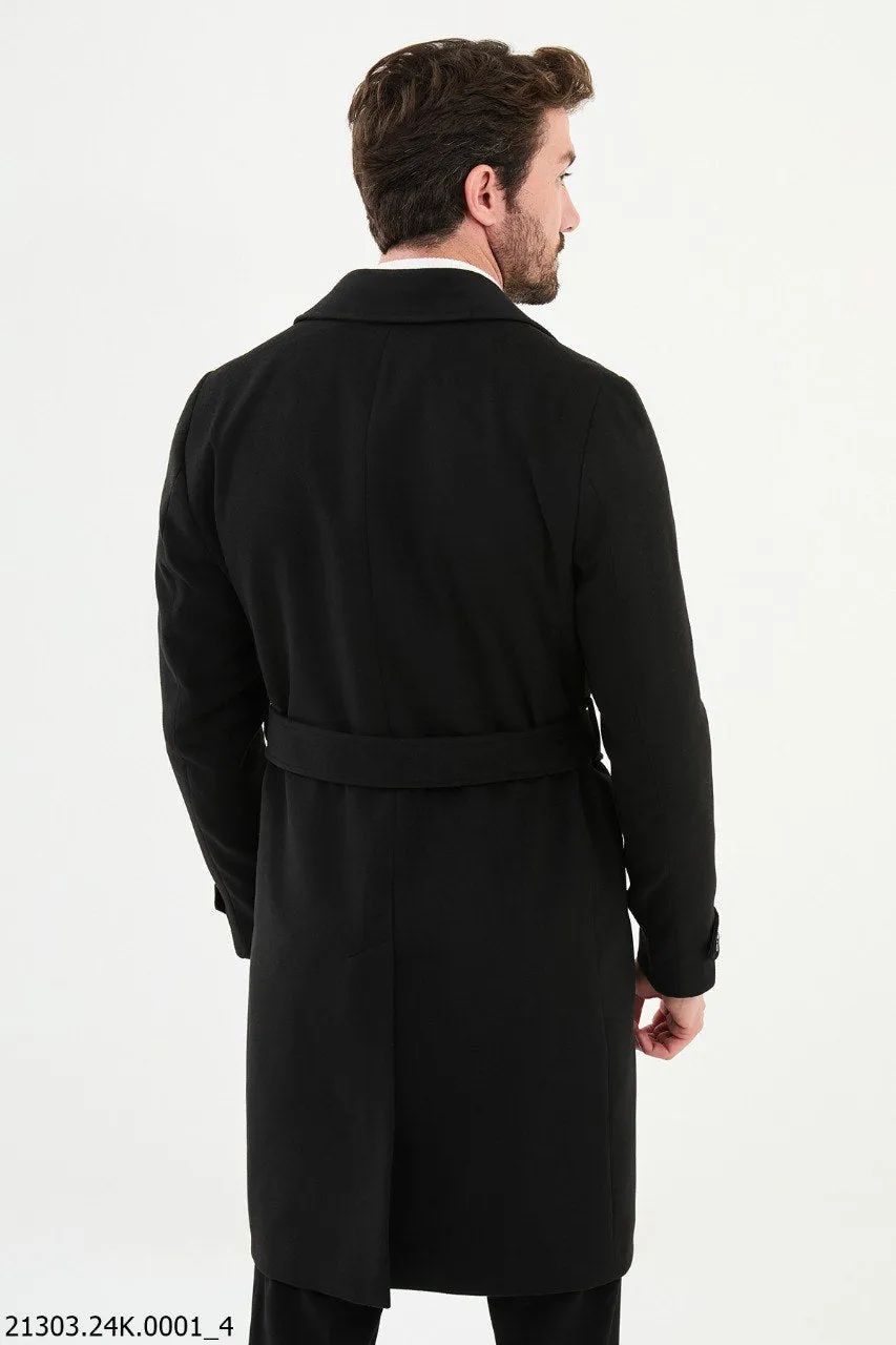 Timeless Men's Black Overcoat with Modern Belted Design.