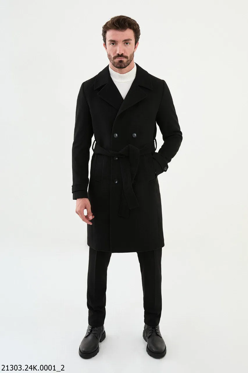 Timeless Men's Black Overcoat with Modern Belted Design.