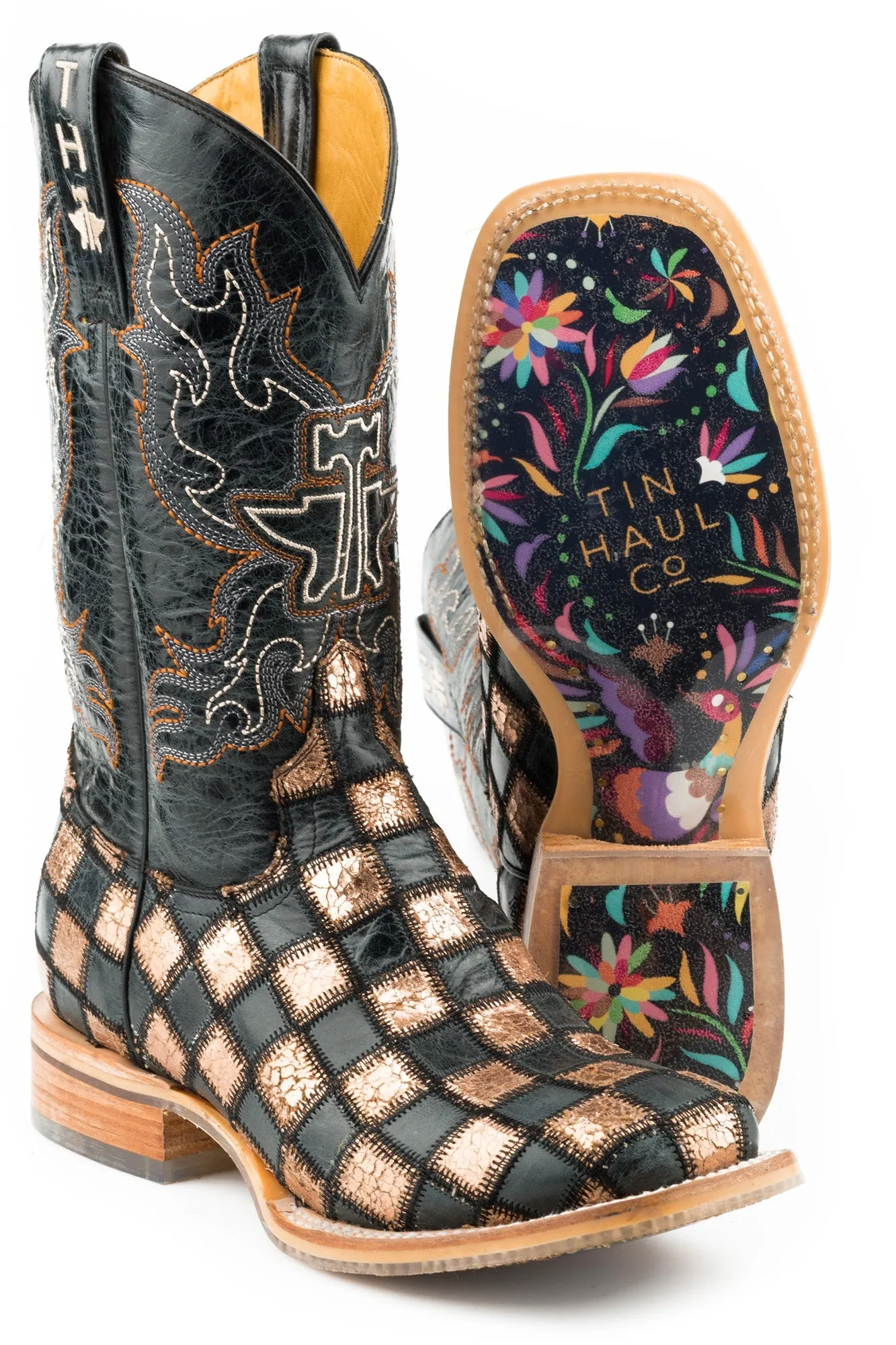 Tin Haul Womens Rose Gold Leather Ooh La La Black Cowboy Boots