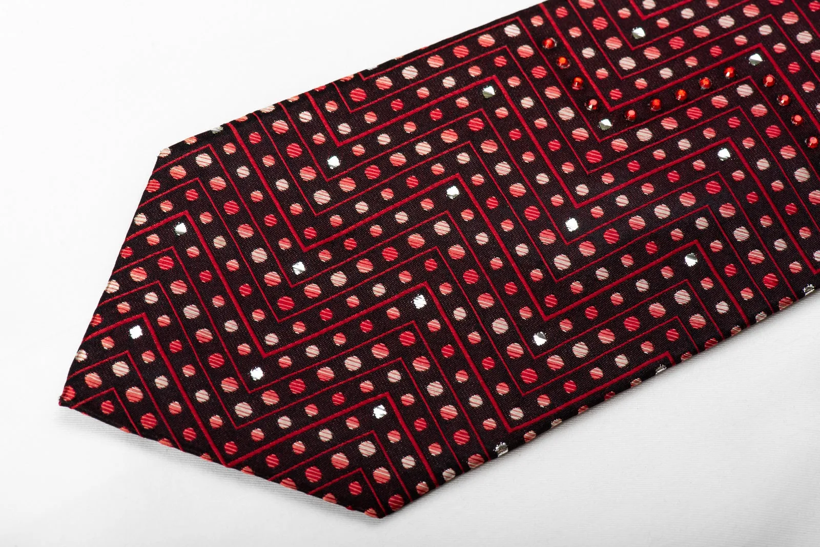 Tino Cosma Men's Crystal Rhinestone Silk Necktie Red Chevron Dots On Black With Sparkles