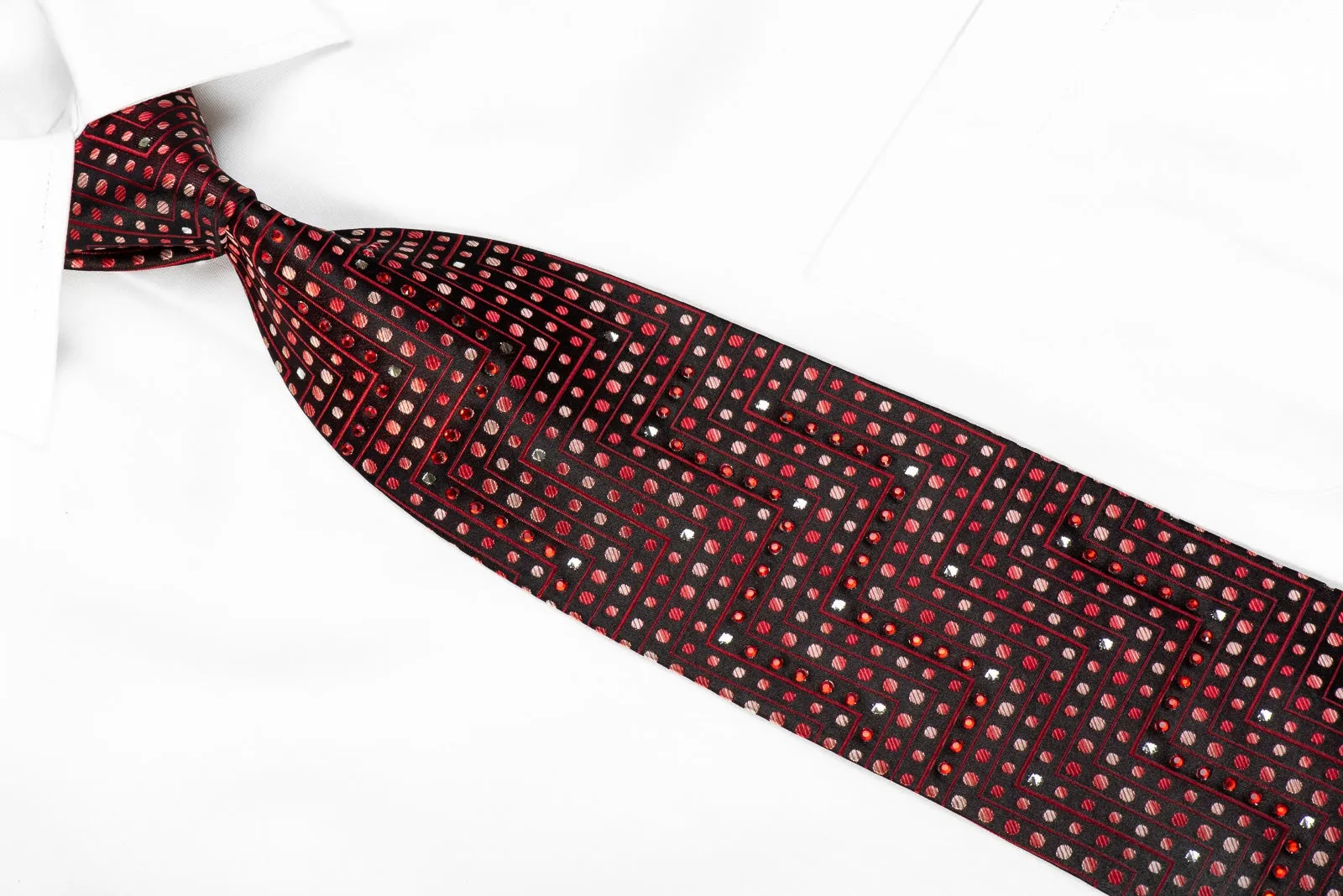 Tino Cosma Men's Crystal Rhinestone Silk Necktie Red Chevron Dots On Black With Sparkles