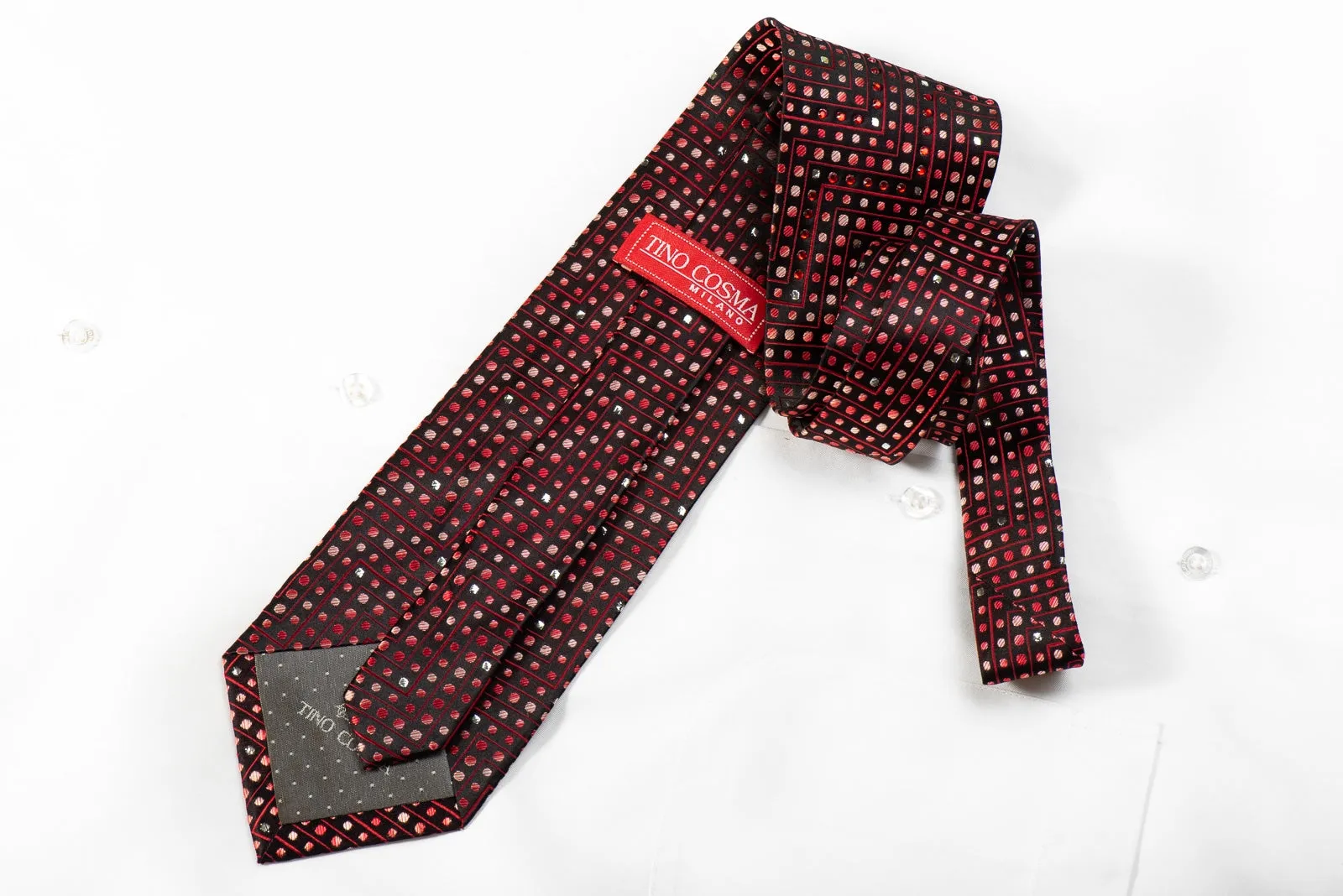 Tino Cosma Men's Crystal Rhinestone Silk Necktie Red Chevron Dots On Black With Sparkles