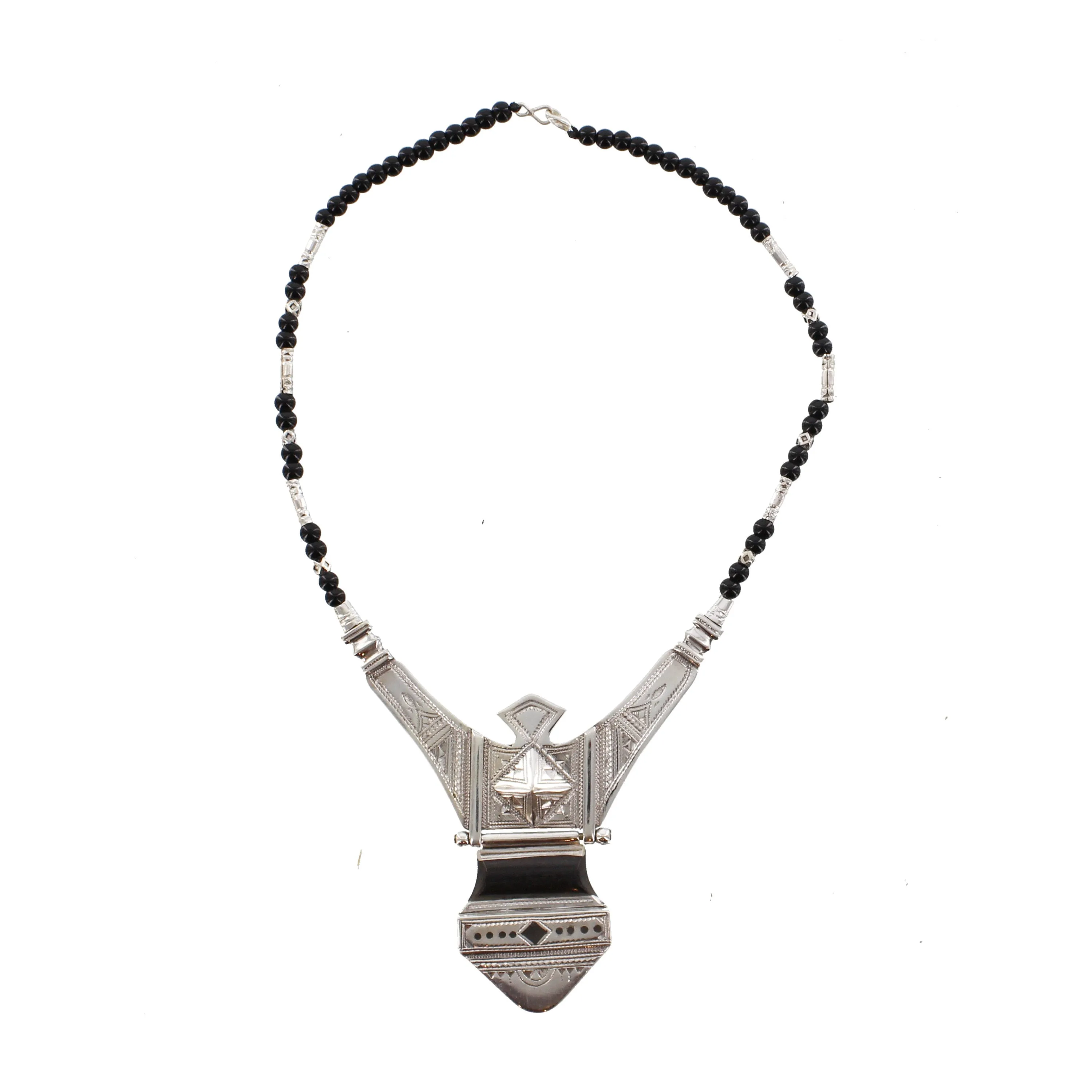 TINTIELLI Dramatic and Heavily Etched Silver Pendant with Black Beads