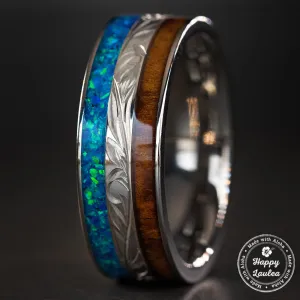 Titanium Hand Engraved Ring [8mm width] Azure Blue Opal & Hawaiian Koa Wood Inlay - Flat Shape, Comfort Fitment