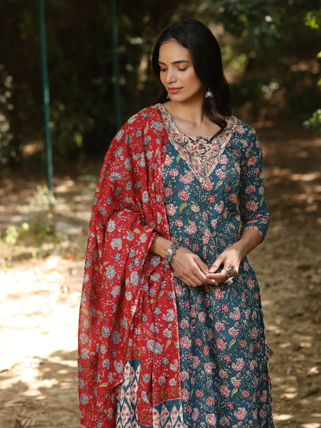 TITLI - FLORAL PRINT PURE COTTON A-LINE KURTA SET WITH MULMUL DUPATTA AND INTRICATE EMBROIDERY WORK