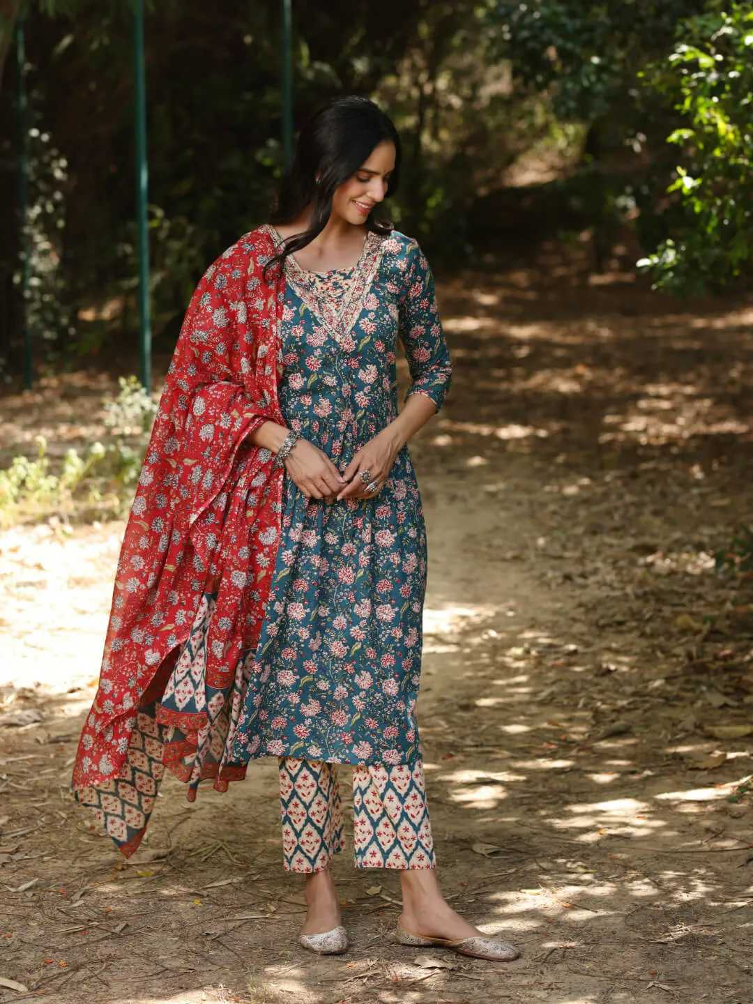 TITLI - FLORAL PRINT PURE COTTON A-LINE KURTA SET WITH MULMUL DUPATTA AND INTRICATE EMBROIDERY WORK