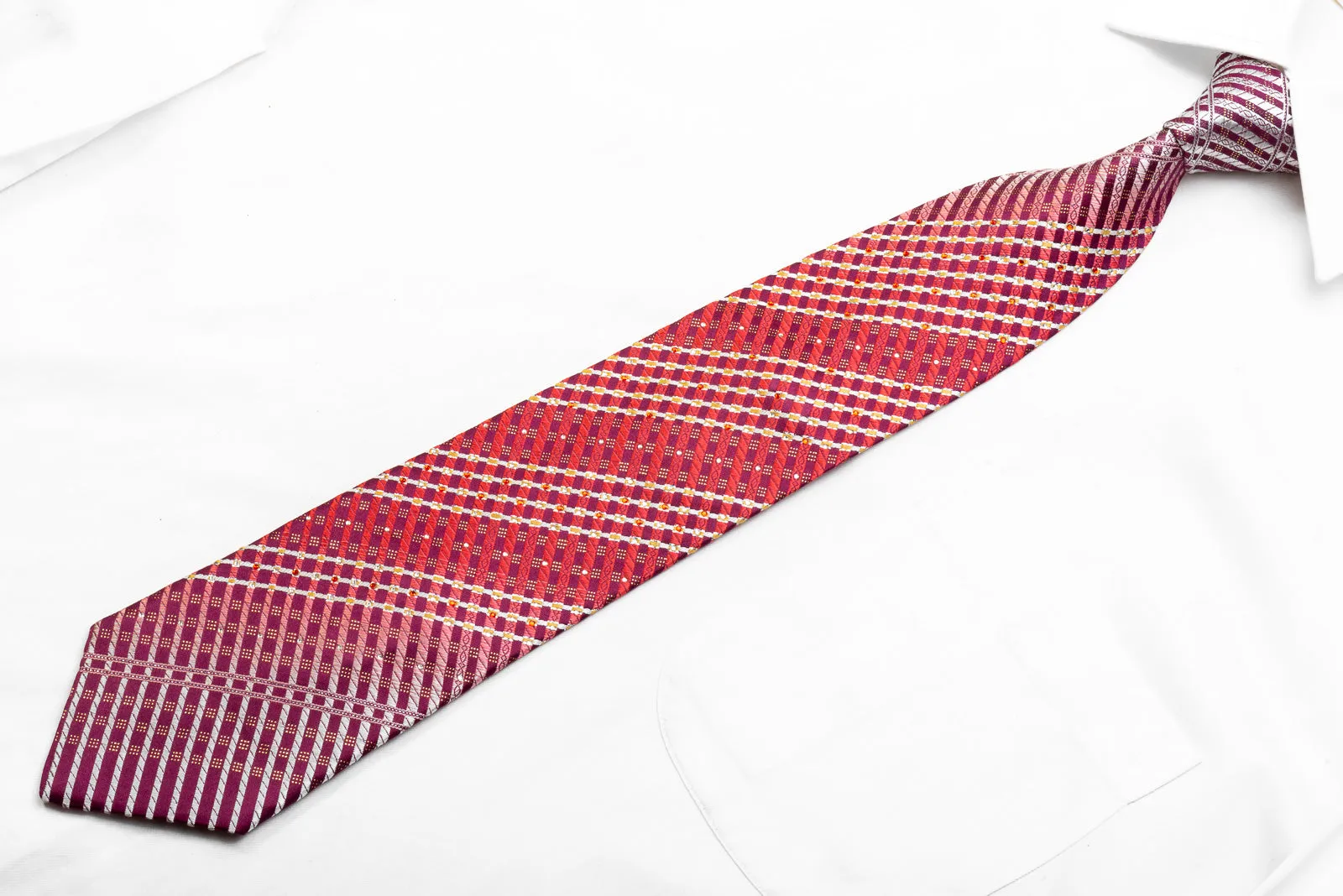 TLS Men's Rhinestone Silk Necktie Silver Red Striped On Burgundy With silver Sparkles