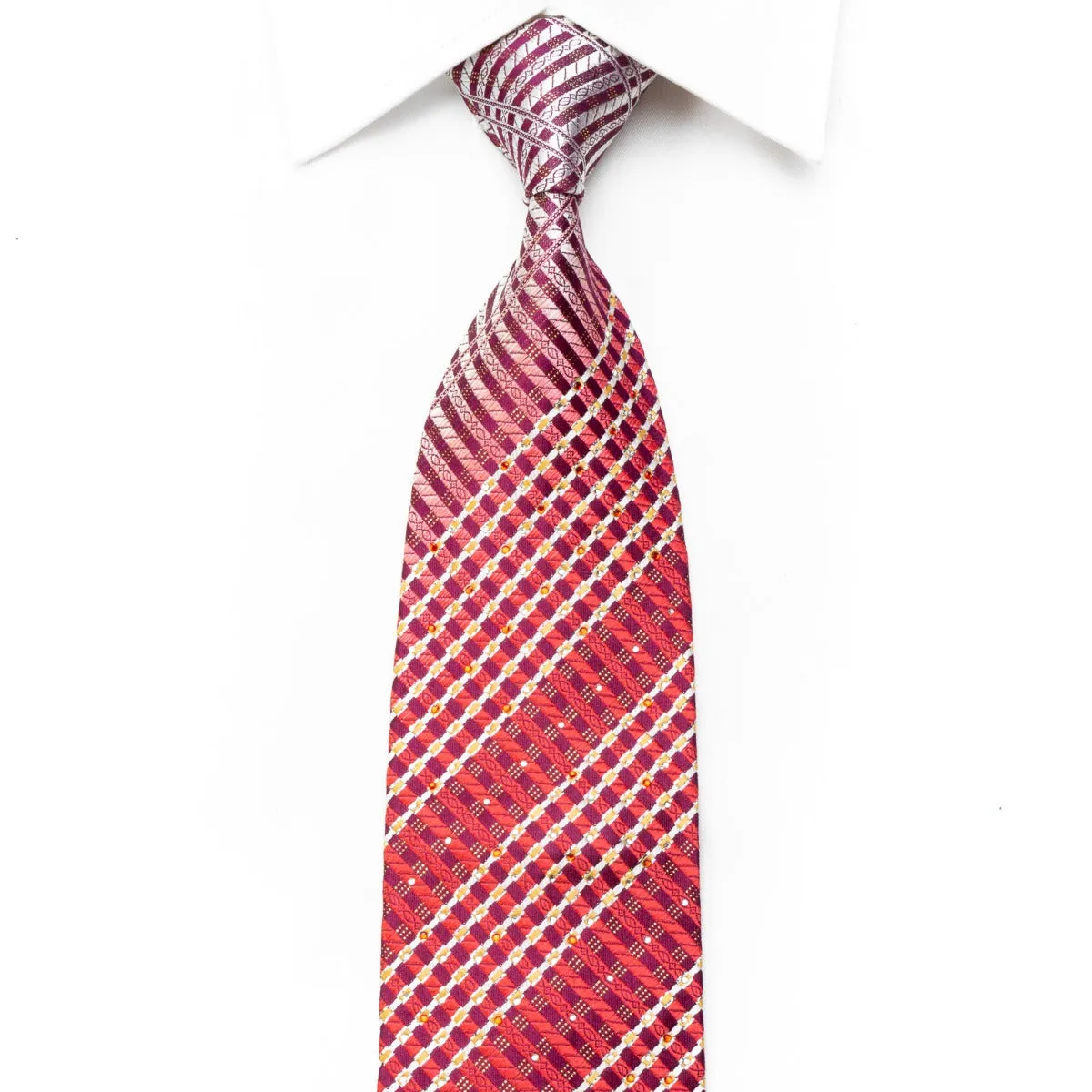 TLS Men's Rhinestone Silk Necktie Silver Red Striped On Burgundy With silver Sparkles