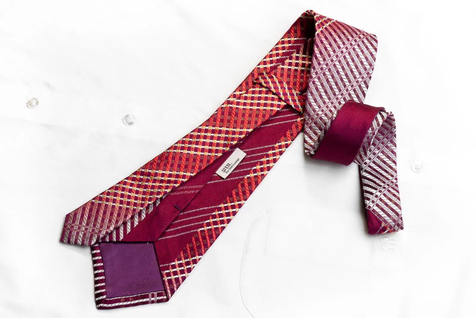 TLS Men's Rhinestone Silk Necktie Silver Red Striped On Burgundy With silver Sparkles