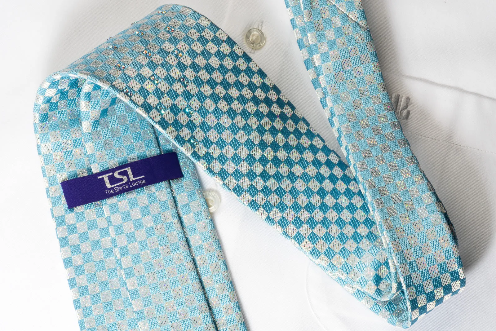 TLS Rhinestone Silk Necktie Blue Silver Checker Design With Silver Sparkles