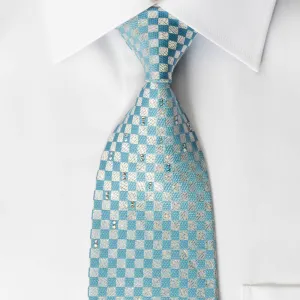 TLS Rhinestone Silk Necktie Blue Silver Checker Design With Silver Sparkles