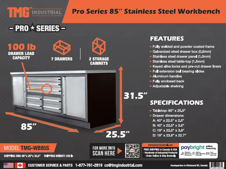 TMG Industrial Pro Series 85” Stainless Steel Workbench, 7 Lockable Drawers, 2 Storage Cabinets, Adjustable Shelving, All-in-One Welded Frame, TMG-WB85S