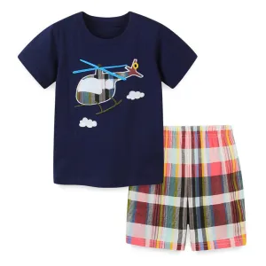 Toddler Boy's Helicopter Print Short Sleeve T-shirt with Shorts Set