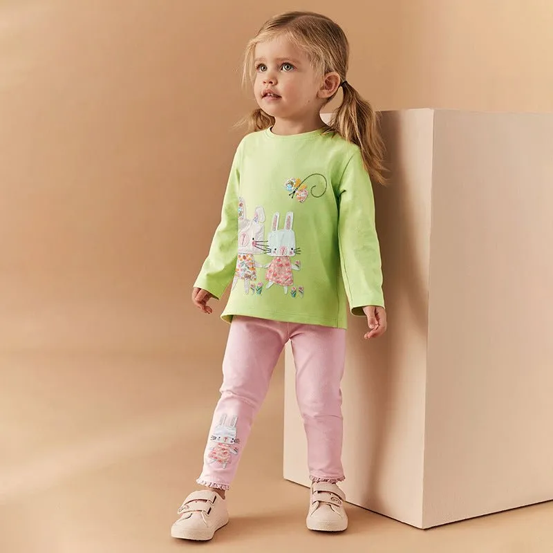 Toddler/Kid Girl's Long Sleeve Little Rabbits and Butterfly Embroidery Design T-shirt with Leggings Set