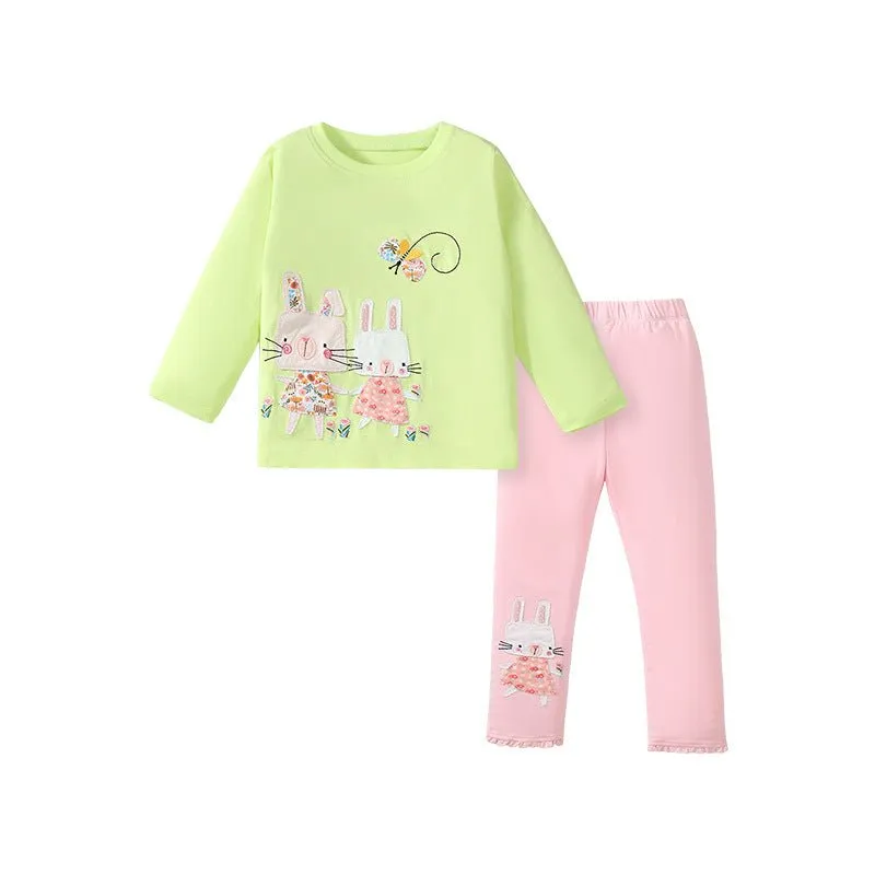 Toddler/Kid Girl's Long Sleeve Little Rabbits and Butterfly Embroidery Design T-shirt with Leggings Set