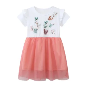 Toddler/Kid Girl's Short Sleeve Flowers and Butterflies Embroidered Dress