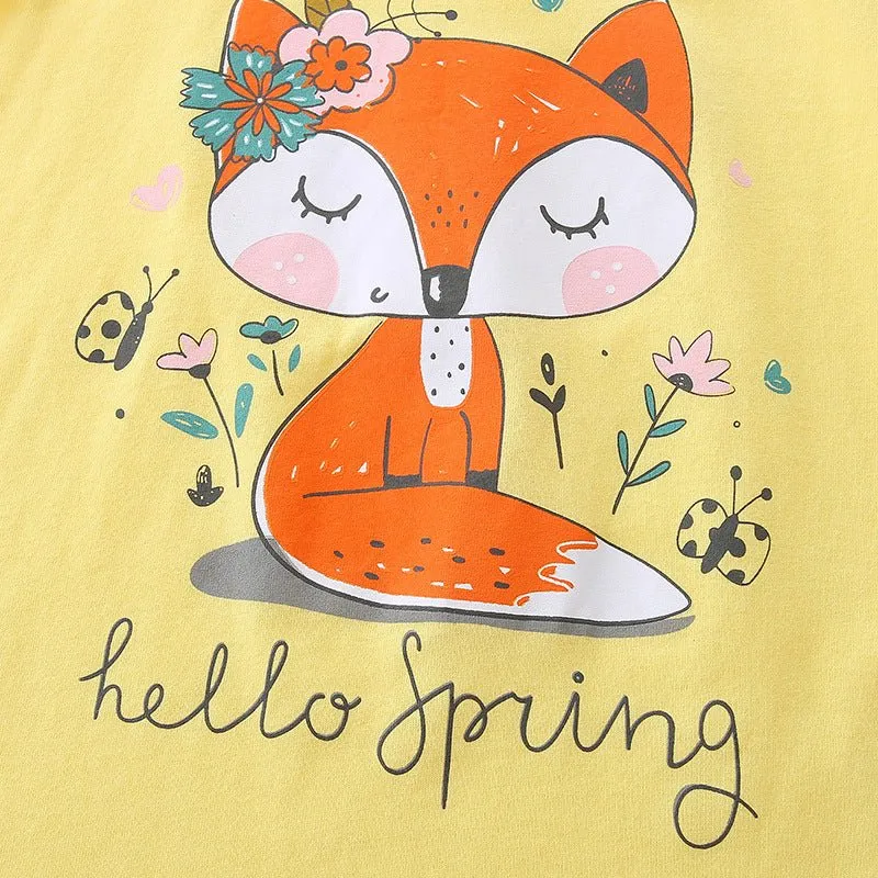 Toddler/Kid Girl's Short Sleeve Springtime Fox Print Design Tee with Shorts Set